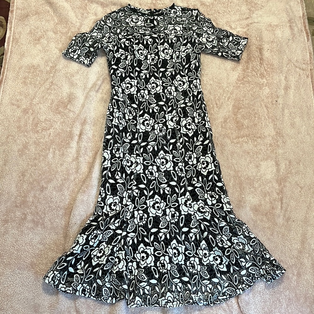 Shoshanna Midnight black and white laser cut floral midi dress